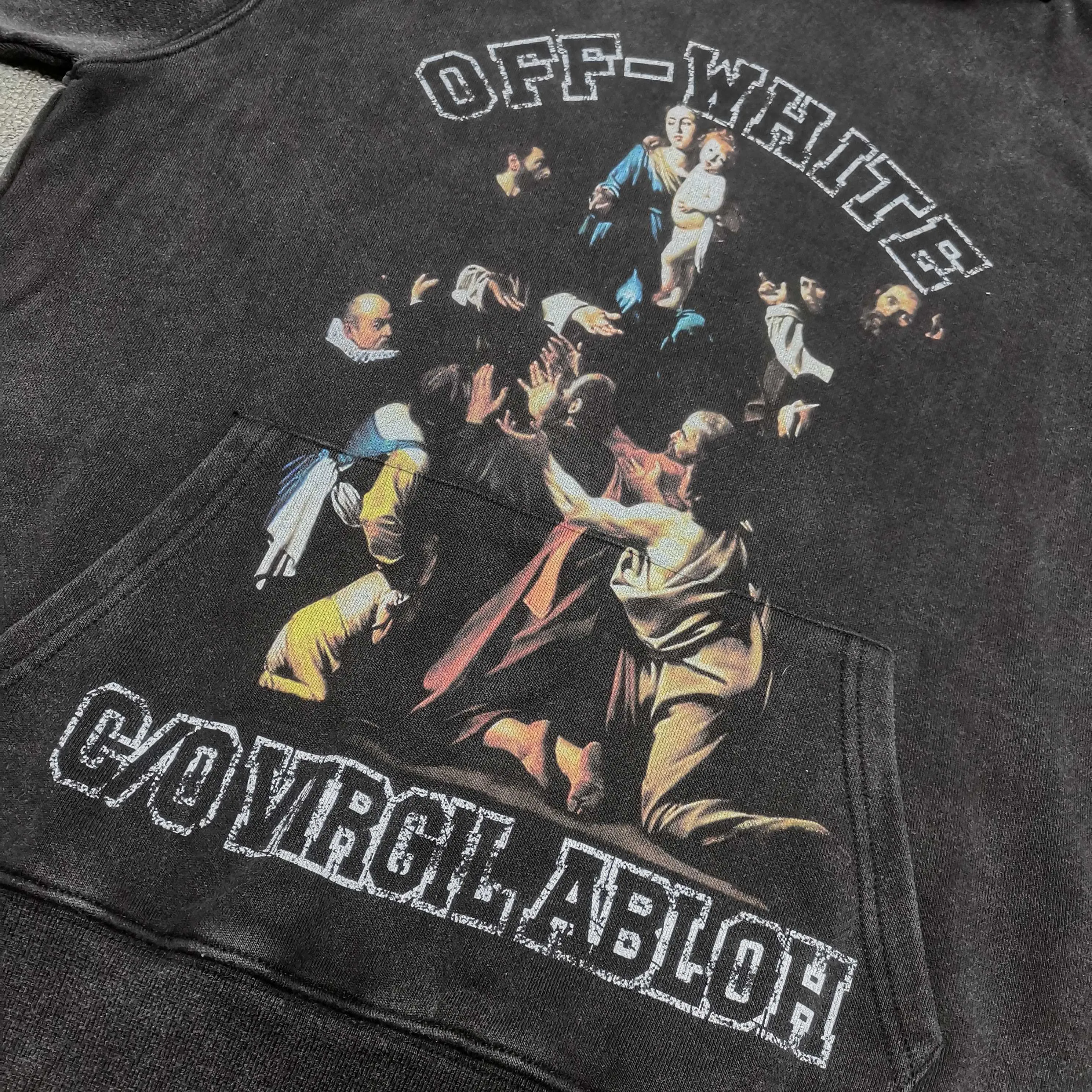 off white 25ss religious portrait oil painting 460g washed hooded sweatshirt Color: washed black Size: S M L XL P410
